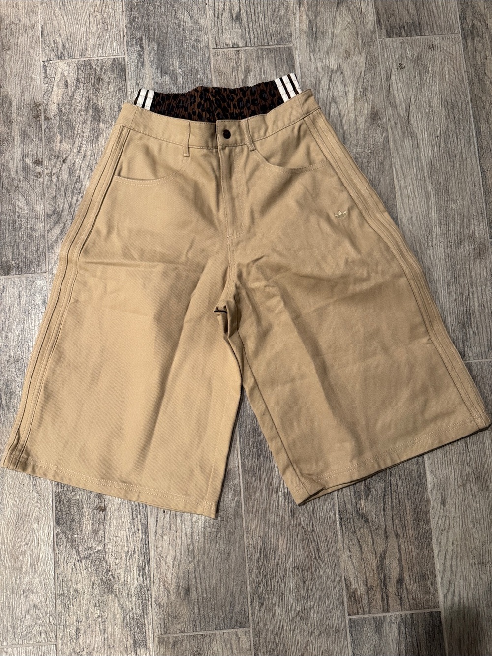 adidas Khaki/Tan Jean Shorts with Leopard Waistband